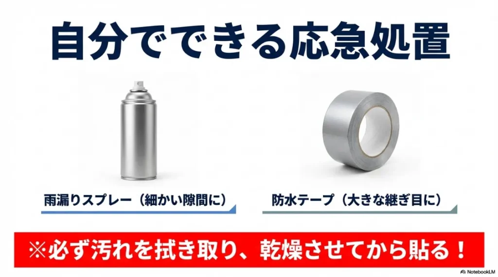 細かい隙間用の雨漏りスプレーと、大きな継ぎ目用の防水テープの紹介。使用前に汚れを拭き取り乾燥させる注意点。