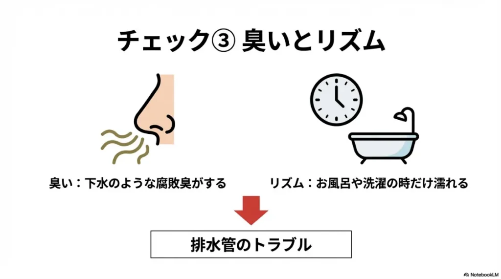 下水のような腐敗臭やお風呂・洗濯時だけ濡れるといった排水管トラブルの兆候を示すイラスト 。
