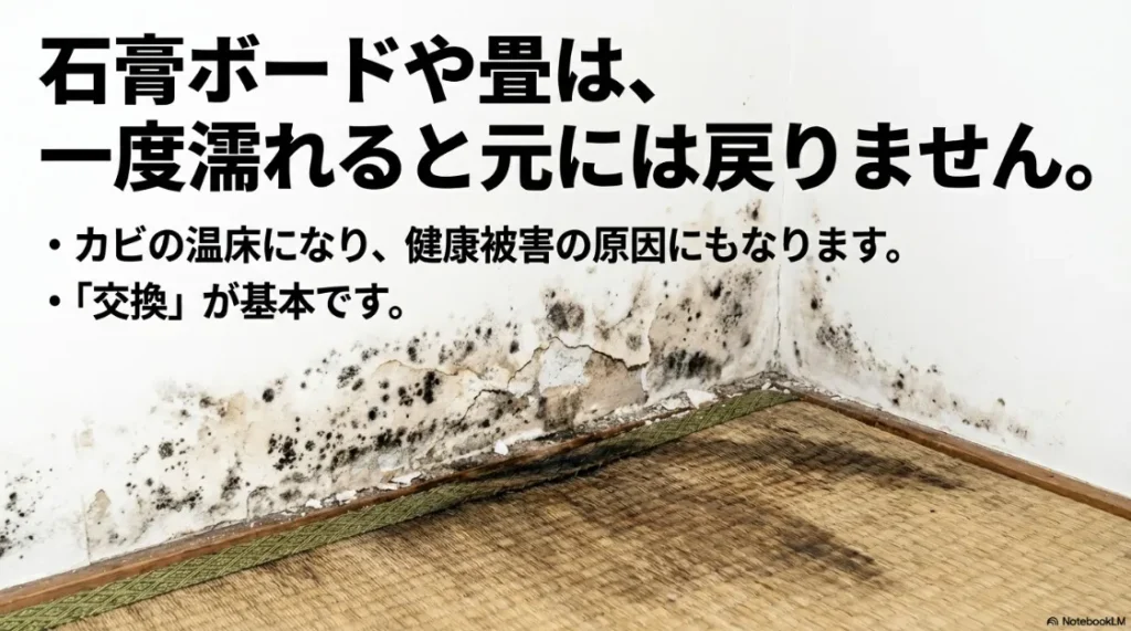 水に濡れた石膏ボードや畳がカビの温床になり健康被害を招くため、交換が基本であることを示す資料