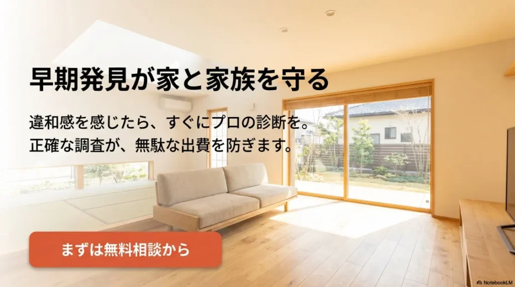 違和感を感じたらすぐにプロの診断を受けるよう促す、早期発見の重要性のまとめスライド 。