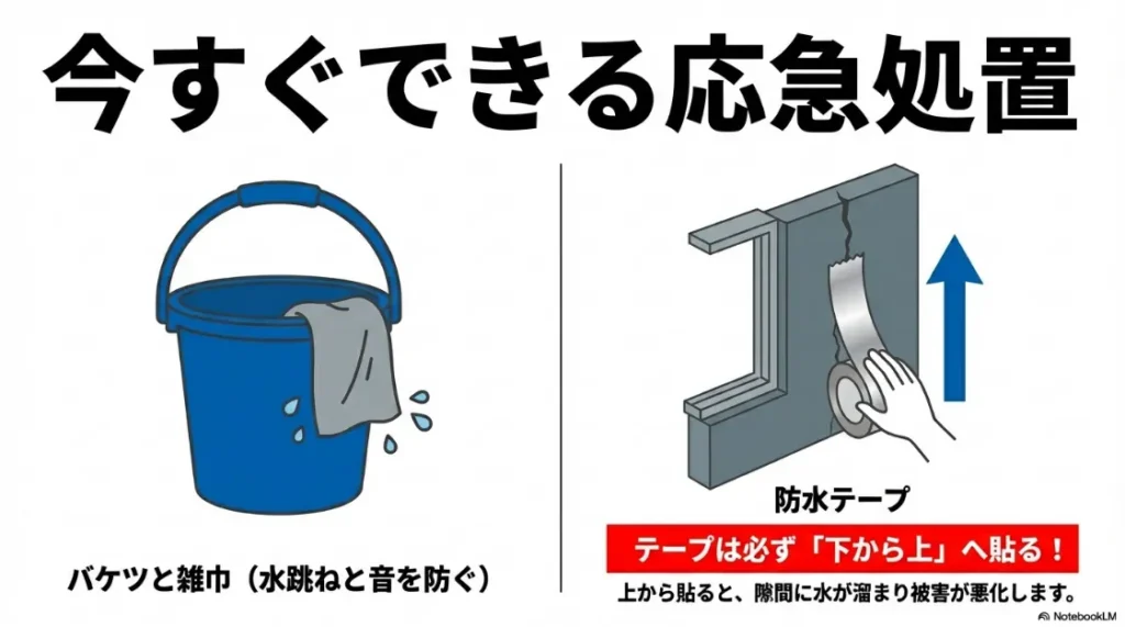 水跳ねを防ぐバケツと雑巾の使い方、および防水テープを下から上へ貼る正しい手順のイラスト。
