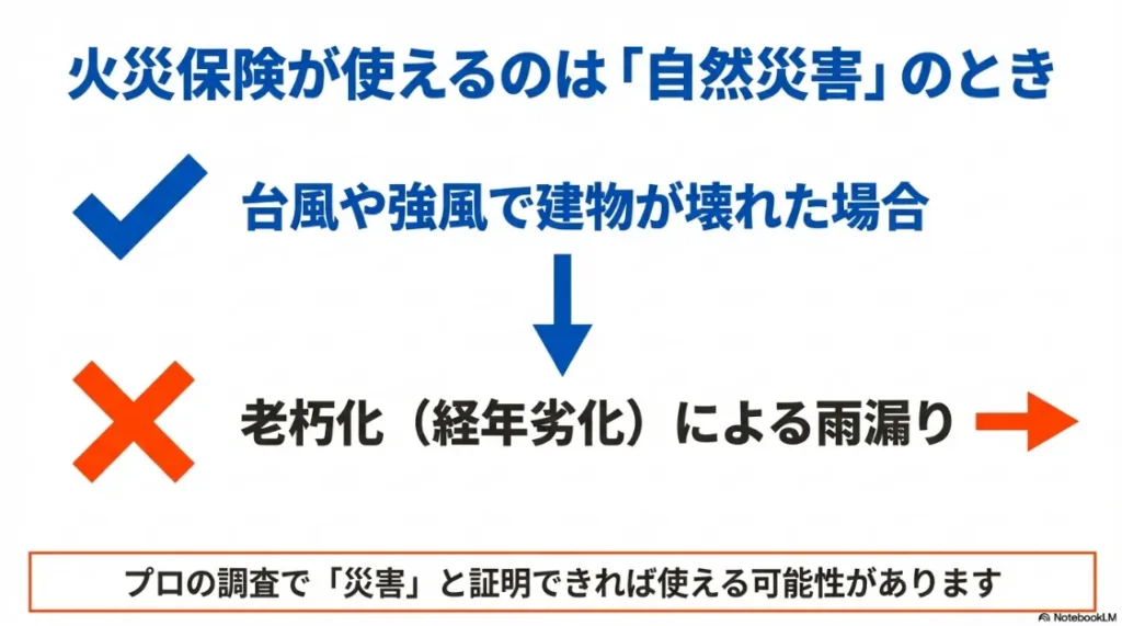 台風などの自然災害には火災保険が適用されるが老朽化には適用されないことを示すチェック図