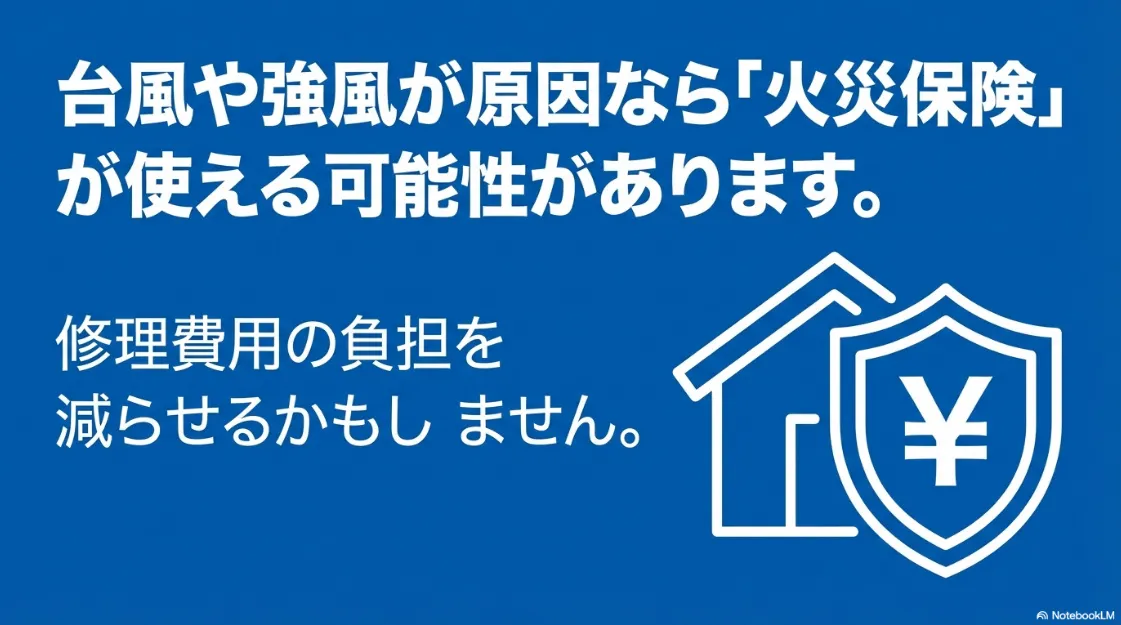 台風や強風による雨漏り被害に火災保険が使える可能性があることを示すイメージ