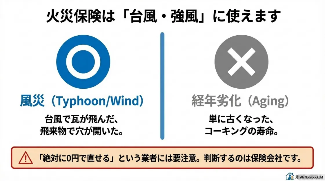 台風や強風による被害（風災）と経年劣化の違いを説明する、火災保険活用の判定基準。