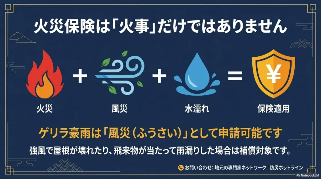 火災保険が火事だけでなく、風災による雨漏りにも適用されることを示す数式風の解説図