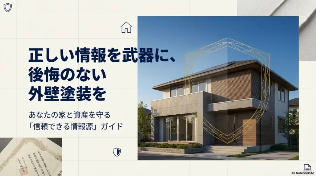 「正しい情報を武器に、後悔のない外壁塗装を」というタイトルと、家と資産を守るための信頼できる情報源ガイドの表紙画像。