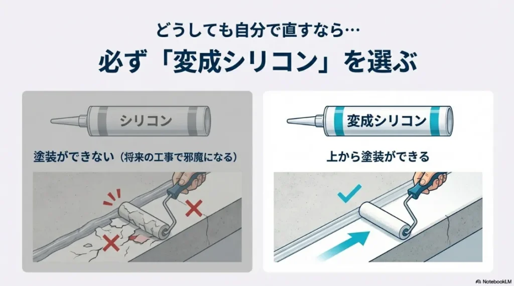 普通のシリコンと変成シリコンの違いを比較し、後から塗装ができる変成シリコンのメリットを解説するスライド。
