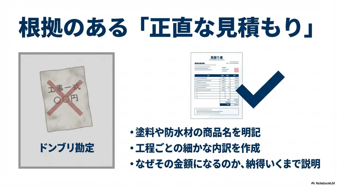 「一式工事」ではなく、使用材料や工程ごとの内訳を詳細に記し、納得いくまで説明する見積もりポリシーの紹介。