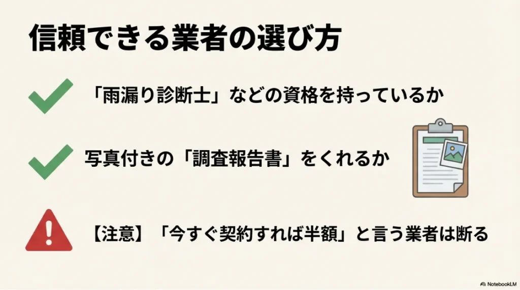 雨漏り診断士の資格有無や、写真付きの調査報告書の重要性、悪徳業者の注意点