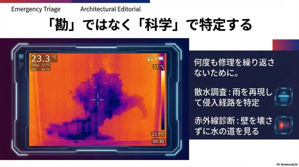 赤外線診断で壁を壊さずに水の通り道を確認する科学的な調査方法のイメージ画像 。