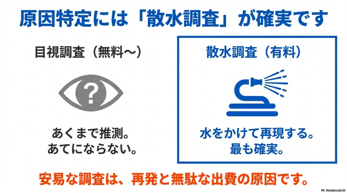 推測に頼る目視調査と、水をかけて再現する確実な散水調査のメリット・デメリット比較