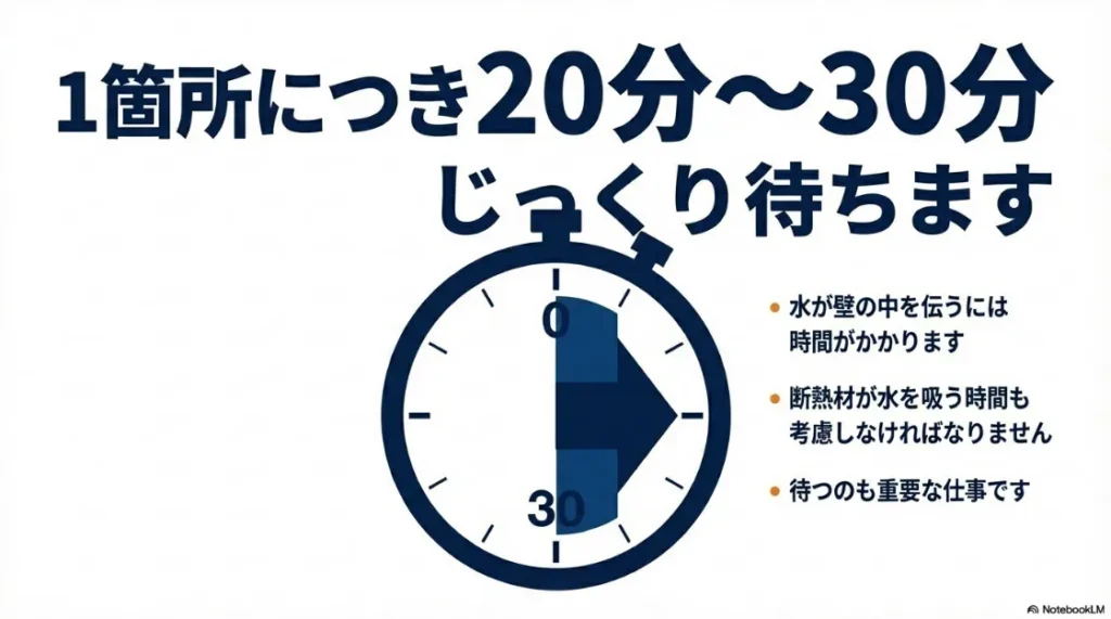 1箇所につき20〜30分じっくり待ち、水が壁内を伝う時間を考慮する重要性