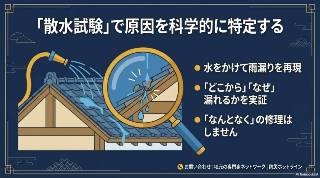 実際に水をかけて雨漏りを再現し、「どこから」「なぜ」漏れるかを科学的に実証する散水試験のイメージ