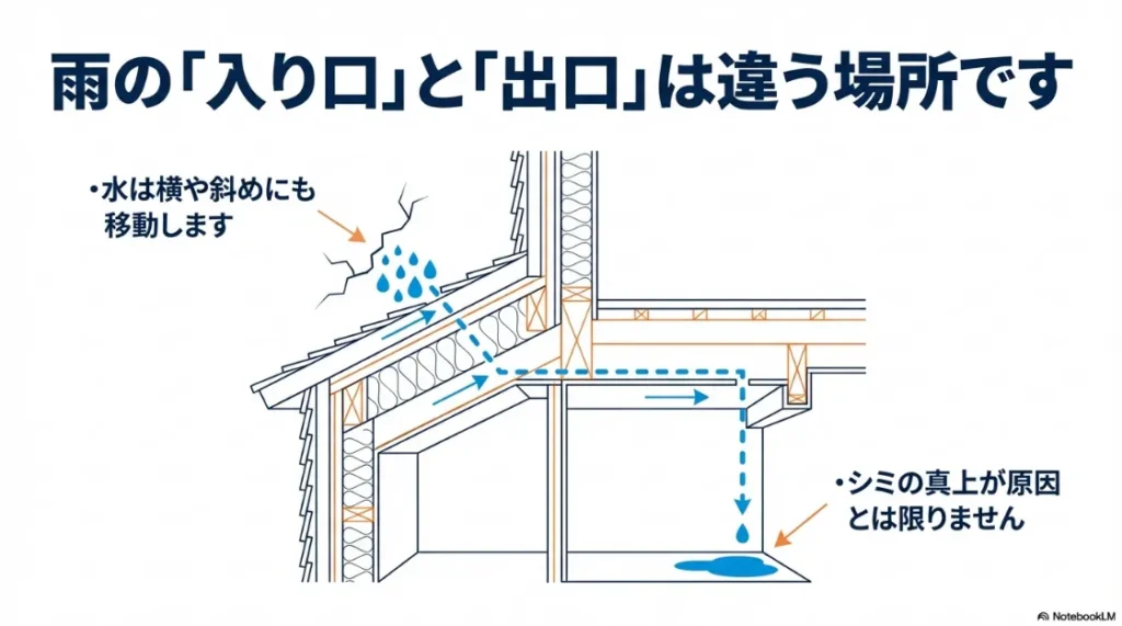 雨の入り口と出口が異なり、水が横や斜めに移動する仕組みを示す図解