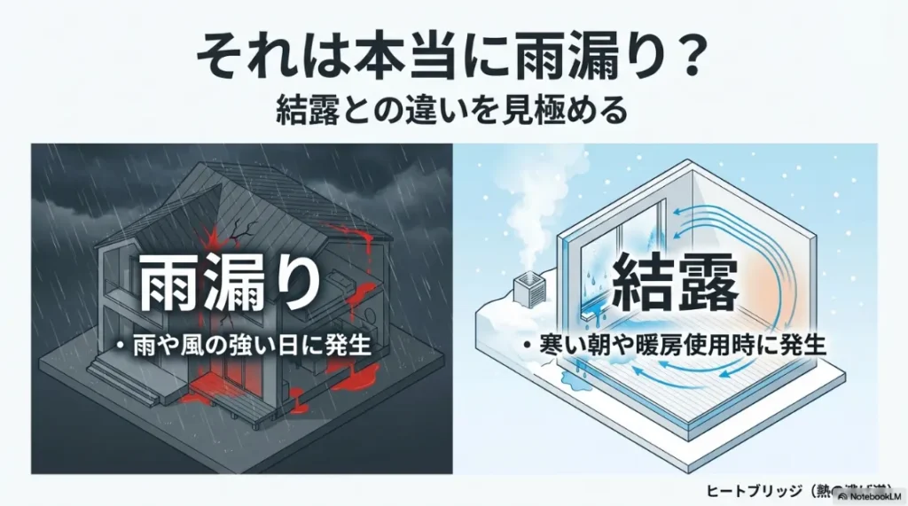 雨天時に発生する雨漏りと、寒い朝や暖房使用時に発生する結露の違いを比較したスライド画像。
