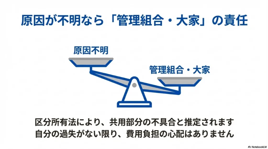 原因不明の雨漏りは区分所有法により管理組合や大家の責任と推定されることを示す天秤の図