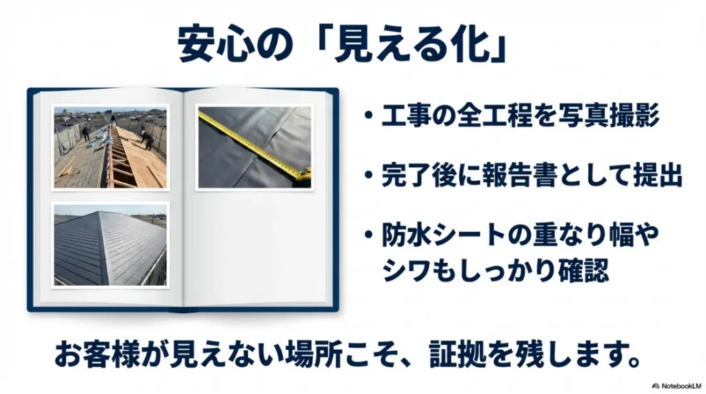 中間マージンなし、下請け丸投げなしで、職人が責任を持って対応する完全自社施工のロゴと実績数を示すスライド。