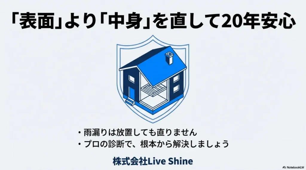 表面だけでなく中身を直す重要性を伝えるスライド。株式会社Live Shineのロゴ入り。