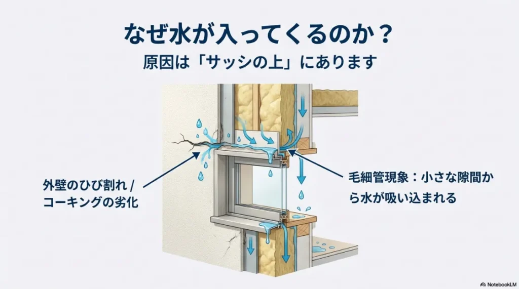 外壁のひび割れや毛細管現象によって、サッシの上部から水が吸い込まれる仕組みを解説した図解スライド。