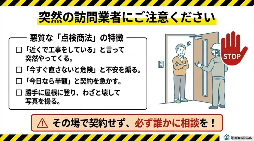 突然の訪問や不安を煽る勧誘など、注意すべき悪質な業者の特徴を説明する警告イラスト。