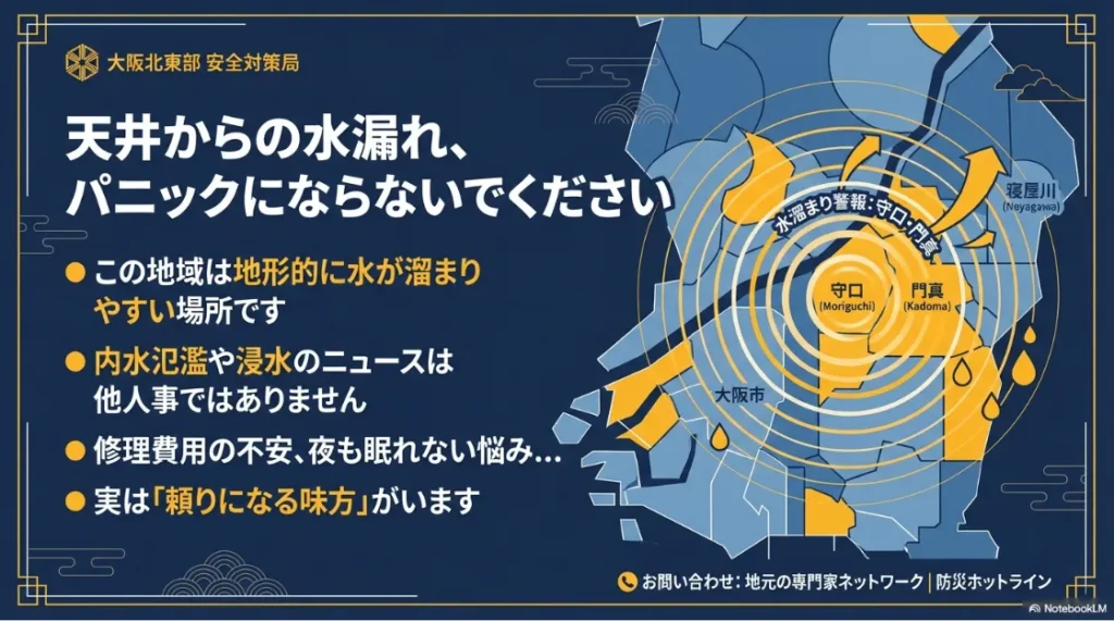守口・門真・寝屋川エリアの地形で水が溜まりやすい場所と、内水氾濫への警戒を促す地域地図スライド