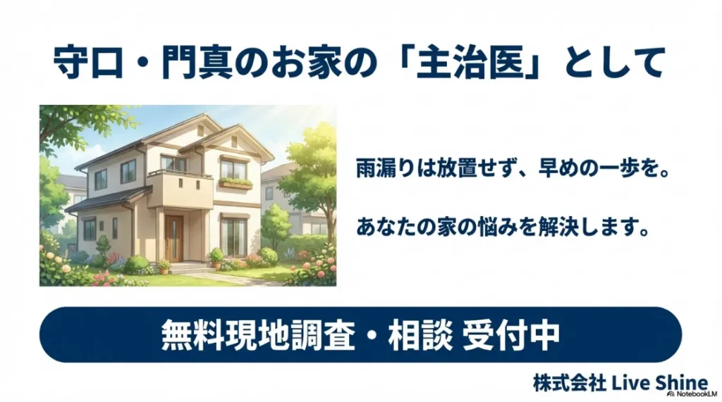 平和な住宅のイラストとともに、無料現地調査・相談を受け付けていることを伝えるエンディングスライド。