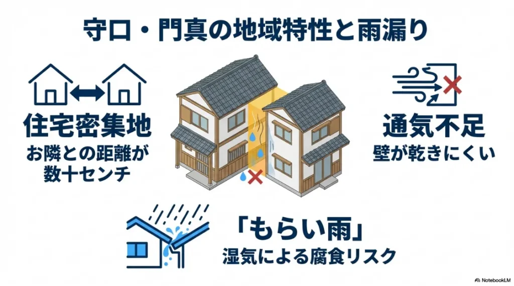隣家との距離が数十センチの住宅密集地で、通気不足や「もらい雨」により壁が乾きにくく腐食リスクが高まる様子を示すイラスト。