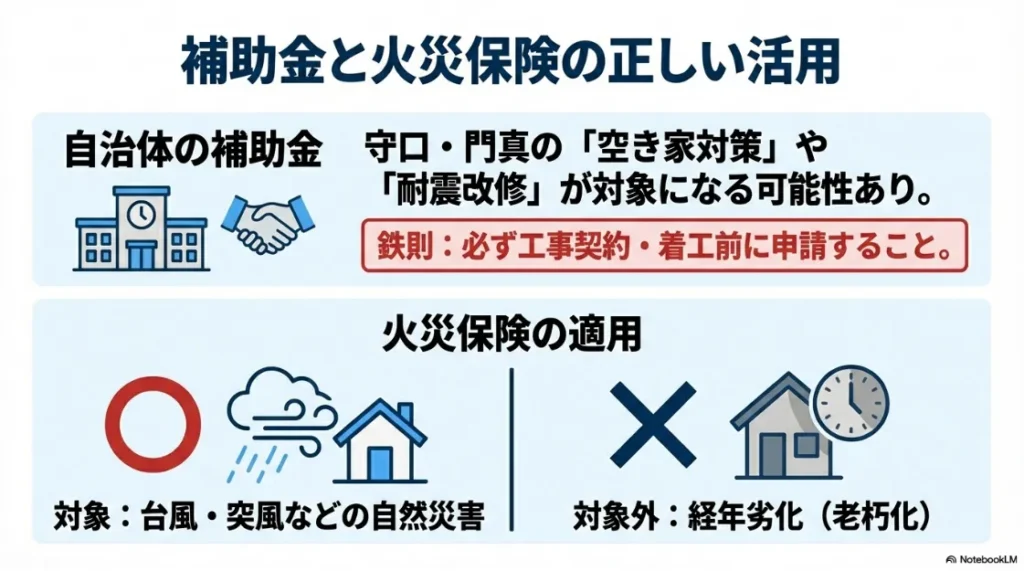 工事契約前の補助金申請の重要性と、自然災害は対象だが経年劣化は対象外となる火災保険の適用ルールを解説する図解。