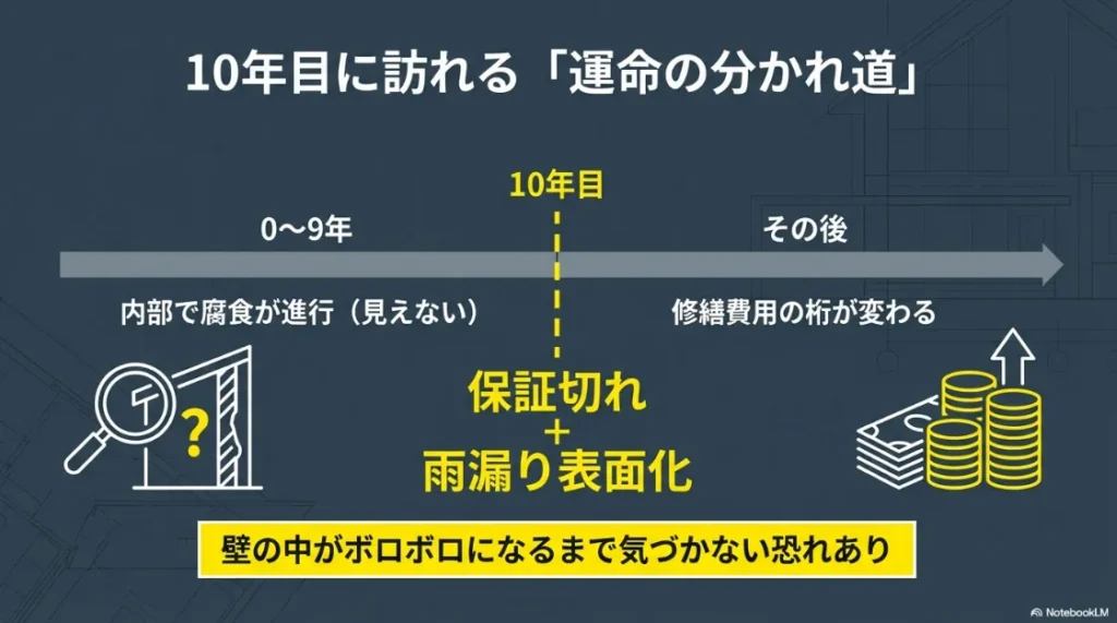 10年目に保証が切れ、目に見えない内部腐食が表面化することで修繕費用が急増するリスクを説明するイラスト
