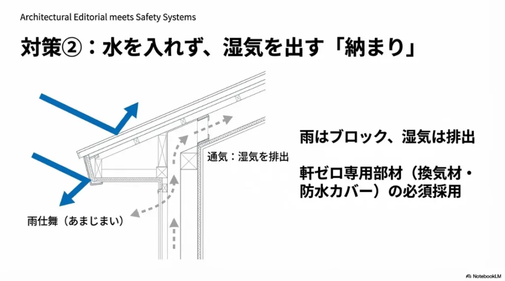 軒ゼロ専用の換気材・防水カバーを用いた、雨水の浸入を防ぎつつ内部の湿気を排出する「納まり」の図解