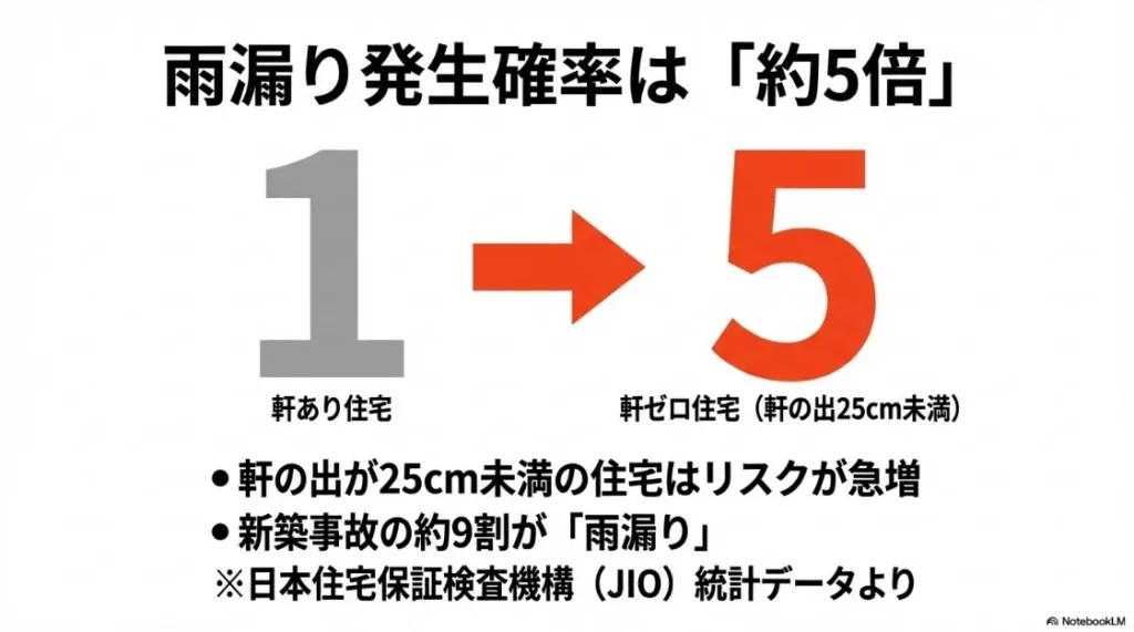 日本住宅保証検査機構（JIO）の統計データ。軒の出25cm未満の住宅は雨漏りリスクが約5倍、新築事故の9割が雨漏りであることを示すグラフ