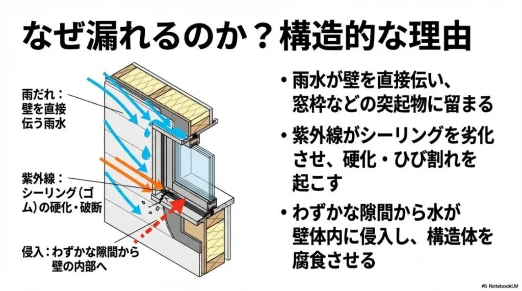 住宅断面図を用いた図解。雨水が壁を伝い、紫外線の劣化で硬化したシーリングの隙間から内部へ侵入する様子