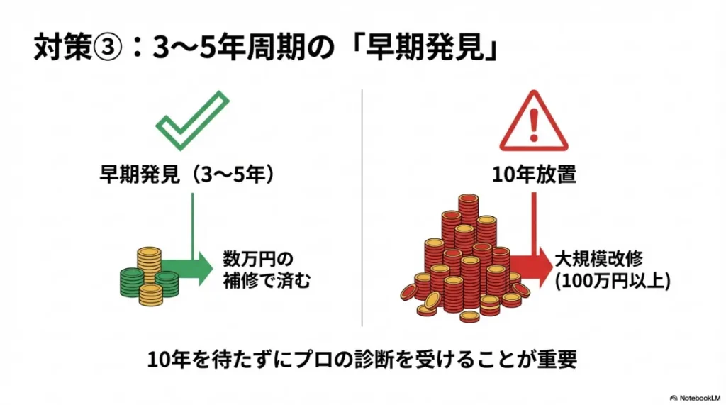 3〜5年周期の早期発見なら数万円で済む補修が、10年放置して大規模改修になると100万円以上かかることを示す比較図