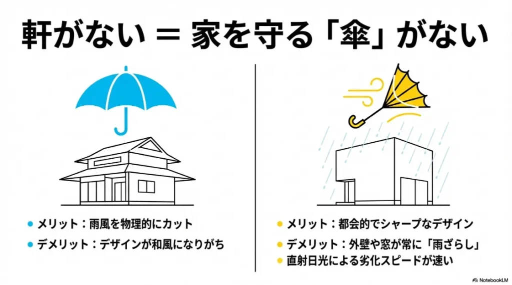 傘のある家と、風で傘が飛ばされた軒ゼロ住宅の比較イラスト。都会的なデザインの一方で外壁が雨ざらしになるリスクを説明