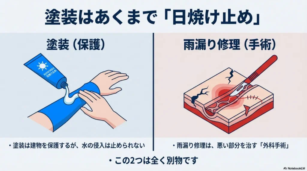 塗装（日焼け止め）と雨漏り修理（外科手術）の違いを比較したイラスト。