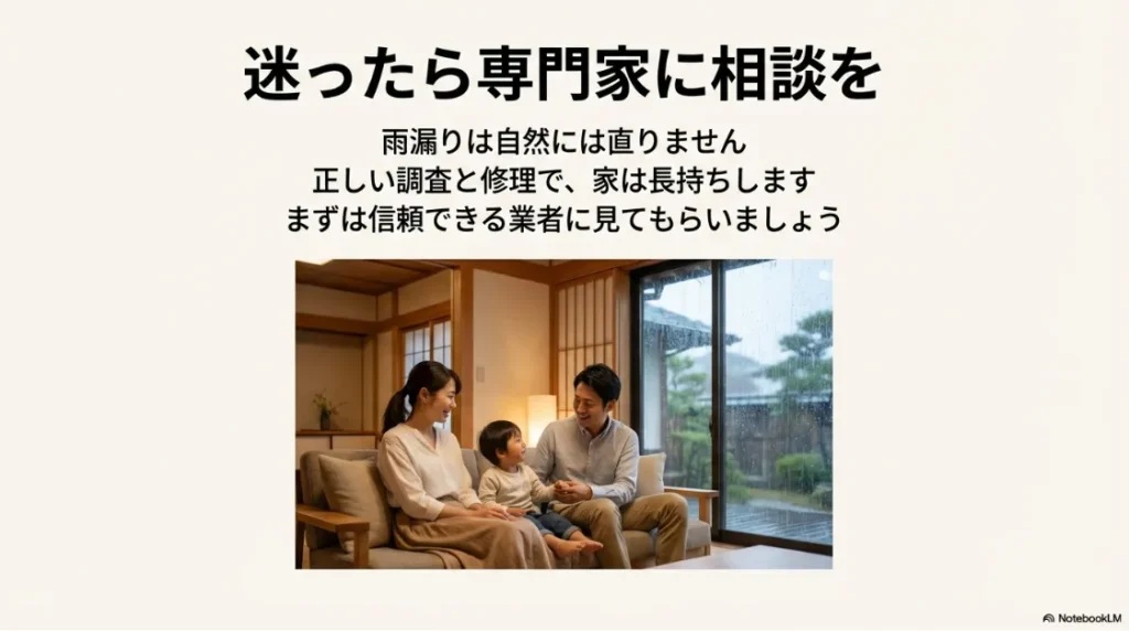 正しい修理とメンテナンスによって守られた家で、幸せに過ごす家族のイメージ