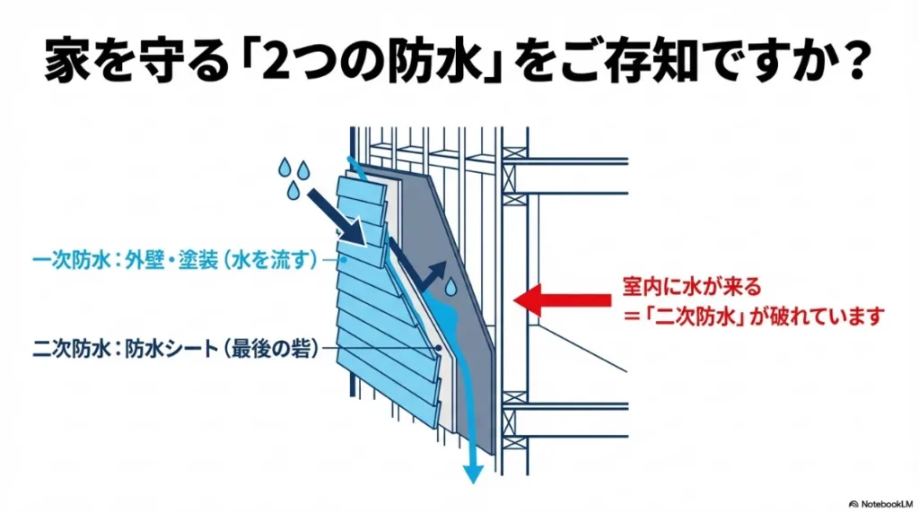 建物の一次防水（外壁・塗装）と二次防水（防水シート）の構造図解。室内への浸水は二次防水の破れが原因。