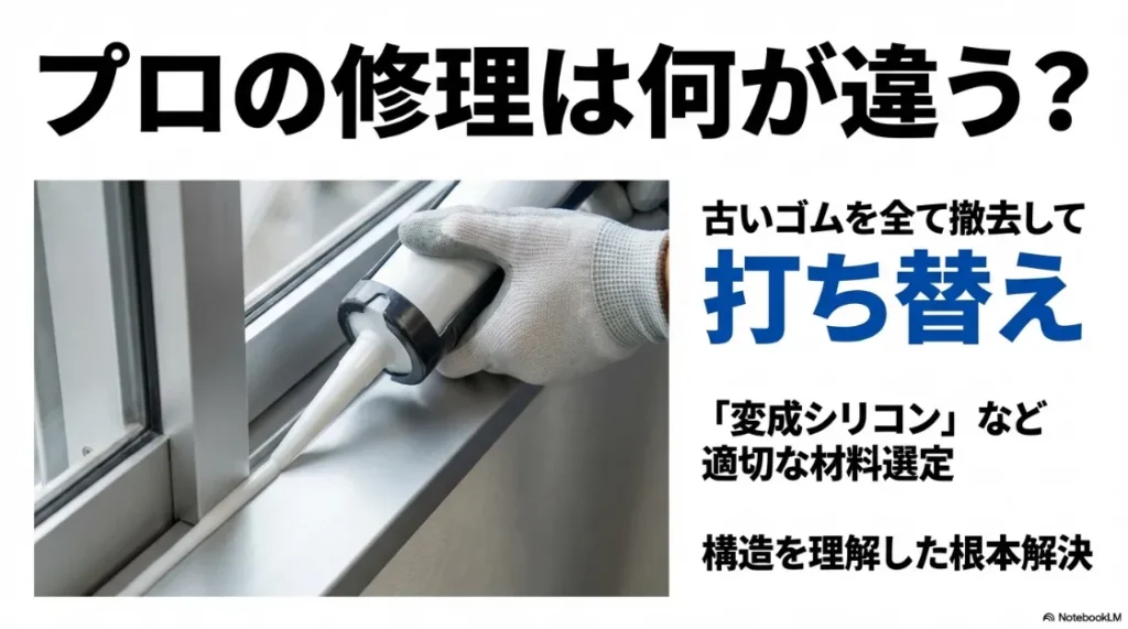 専門業者が古いゴムを撤去し、変成シリコンなどの適切な材料で根本解決を図るコーキング打ち替え作業