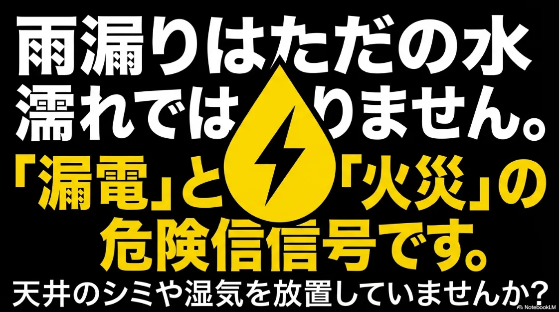 雨漏りが単なる水濡れではなく、漏電や火災の危険信号であることを伝えるスライド画像