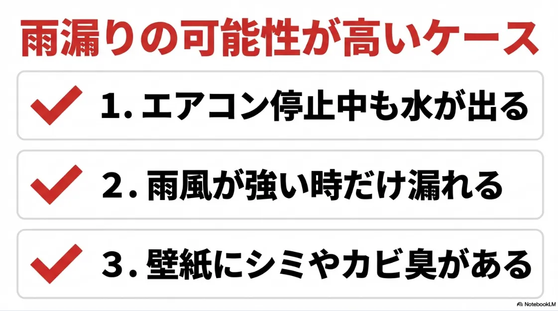 エアコン停止中や強風時に漏れるなど、雨漏りと判断できるチェックリスト