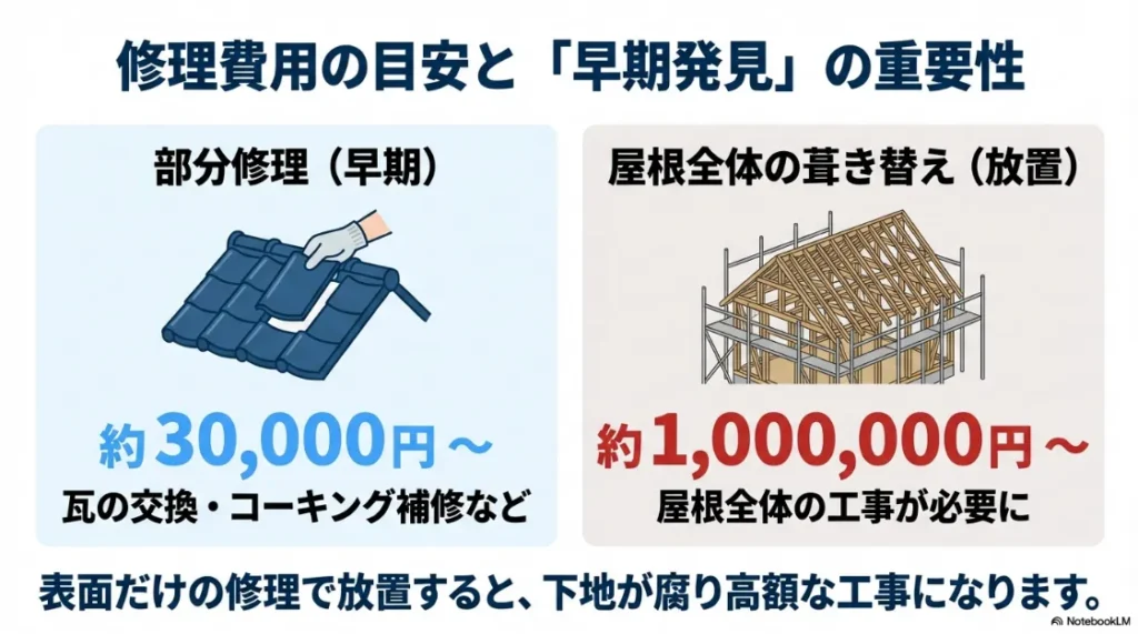 早期の部分修理と、放置して下地が腐食した後の全体工事の費用差を比較した表。早期発見の重要性を強調。