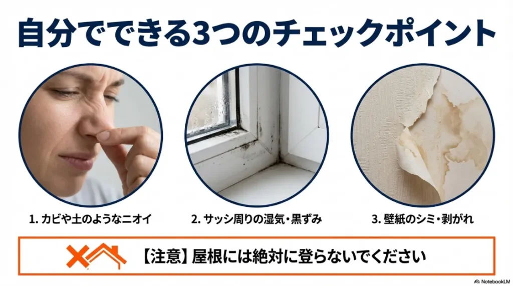 ニオイ、サッシ周り、壁紙の3つのチェックポイントと屋根登頂禁止の注意
