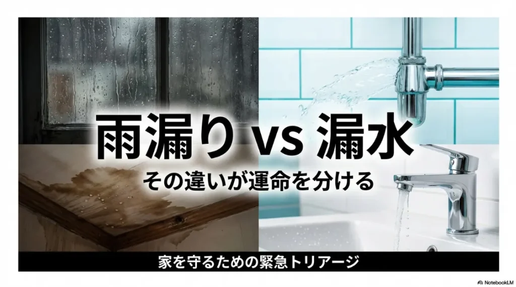 雨漏りと漏水の緊急トリアージについてのスライド表紙。家を守るための違いを解説 。