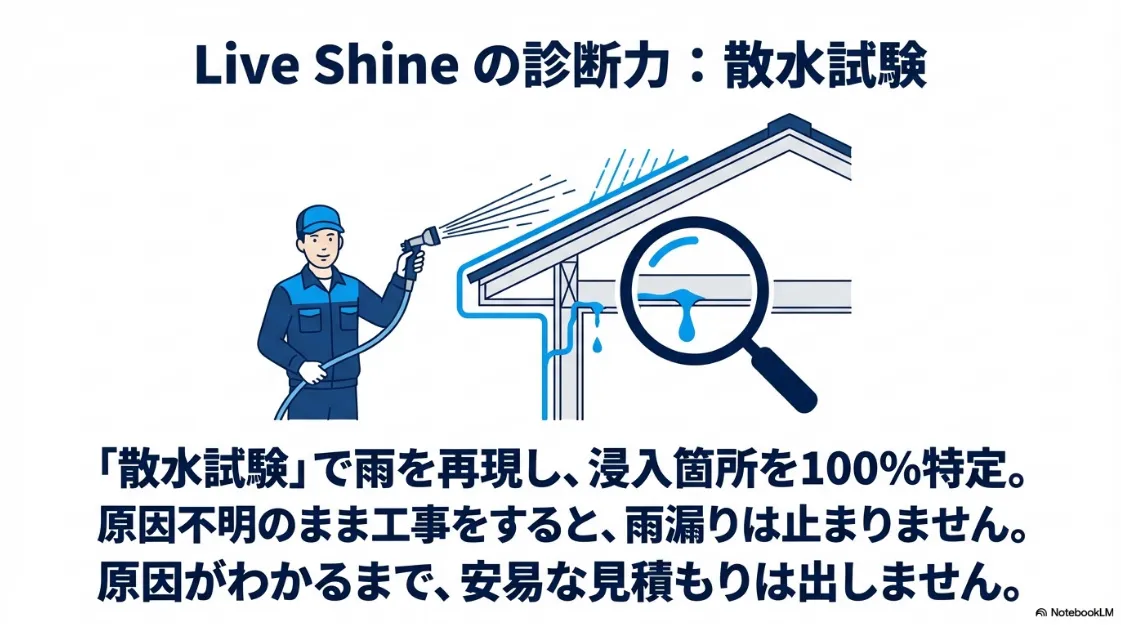 職人がホースで水をかけ、実際の雨を再現して雨漏りの浸入箇所を正確に突き止める散水試験のイメージ図。