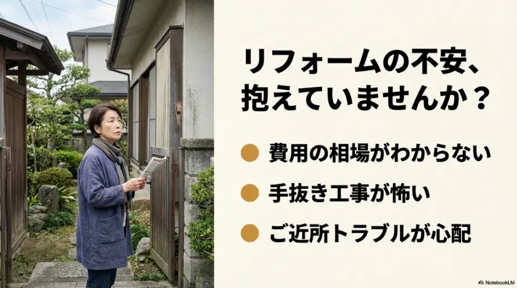 自宅の前で不安そうな表情を浮かべる女性。費用相場や手抜き工事、ご近所トラブルへの懸念。
