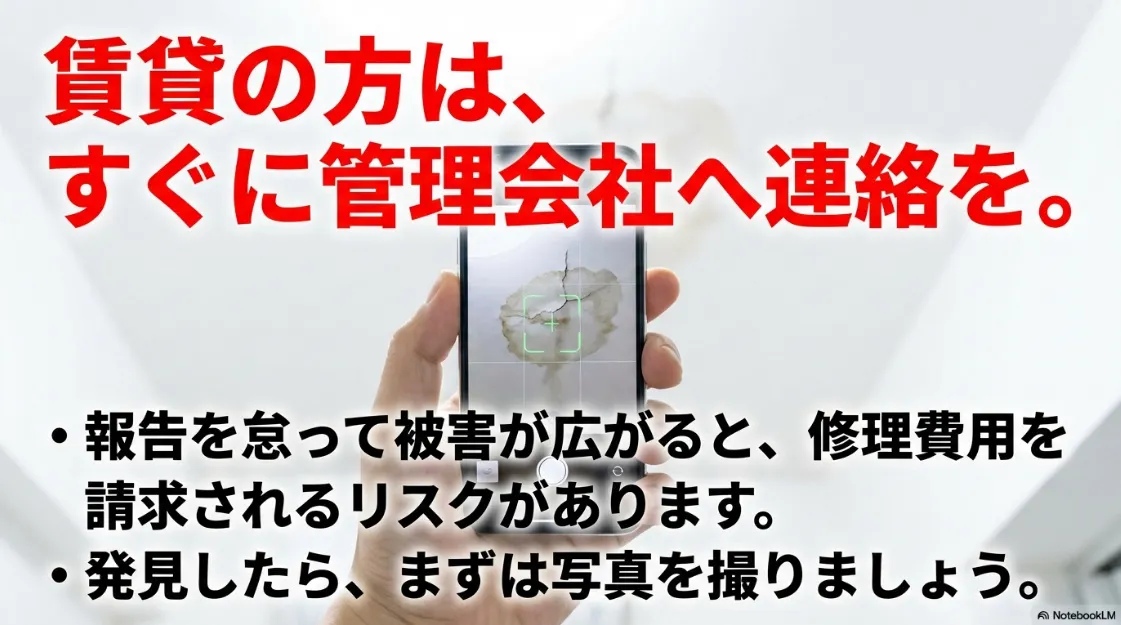 賃貸物件で雨漏りを発見した際、管理会社への連絡や写真撮影が重要であることを説明する注意書き