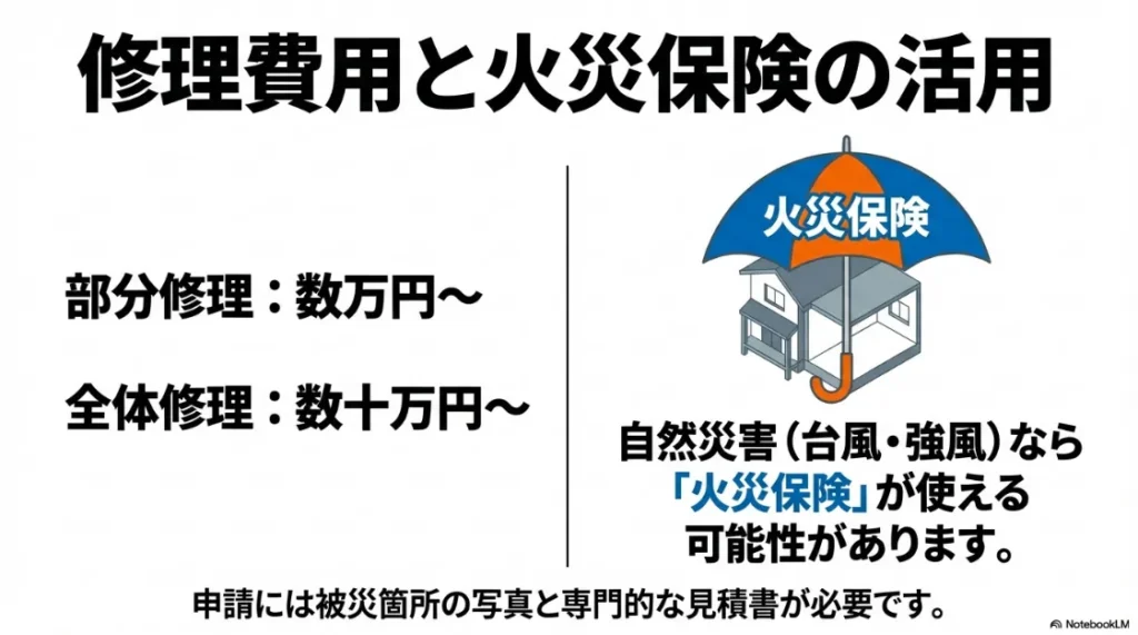 部分修理と全体修理の費用目安、および台風などの自然災害で火災保険が適用されるイメージ図。