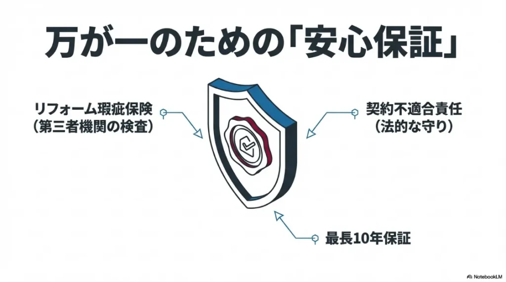 リフォーム瑕疵保険や契約不適合責任、最長10年の防水保証など、身を守るための制度をまとめたスライド。