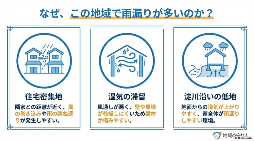 住宅密集地、湿気の滞留、淀川沿いの低地という3つの地域特性が雨漏りに与える影響を説明するイラスト。