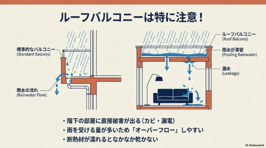標準的なバルコニーと、階下への被害が出やすいルーフバルコニーの構造比較図